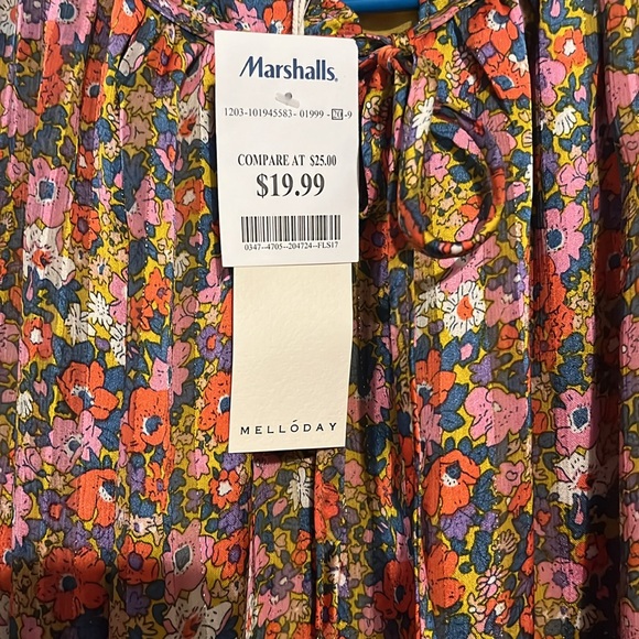 Orange and Brown Ruffled Blouse with Scoop Neck and Long Elasticized Sleeves - Picture 2 of 5